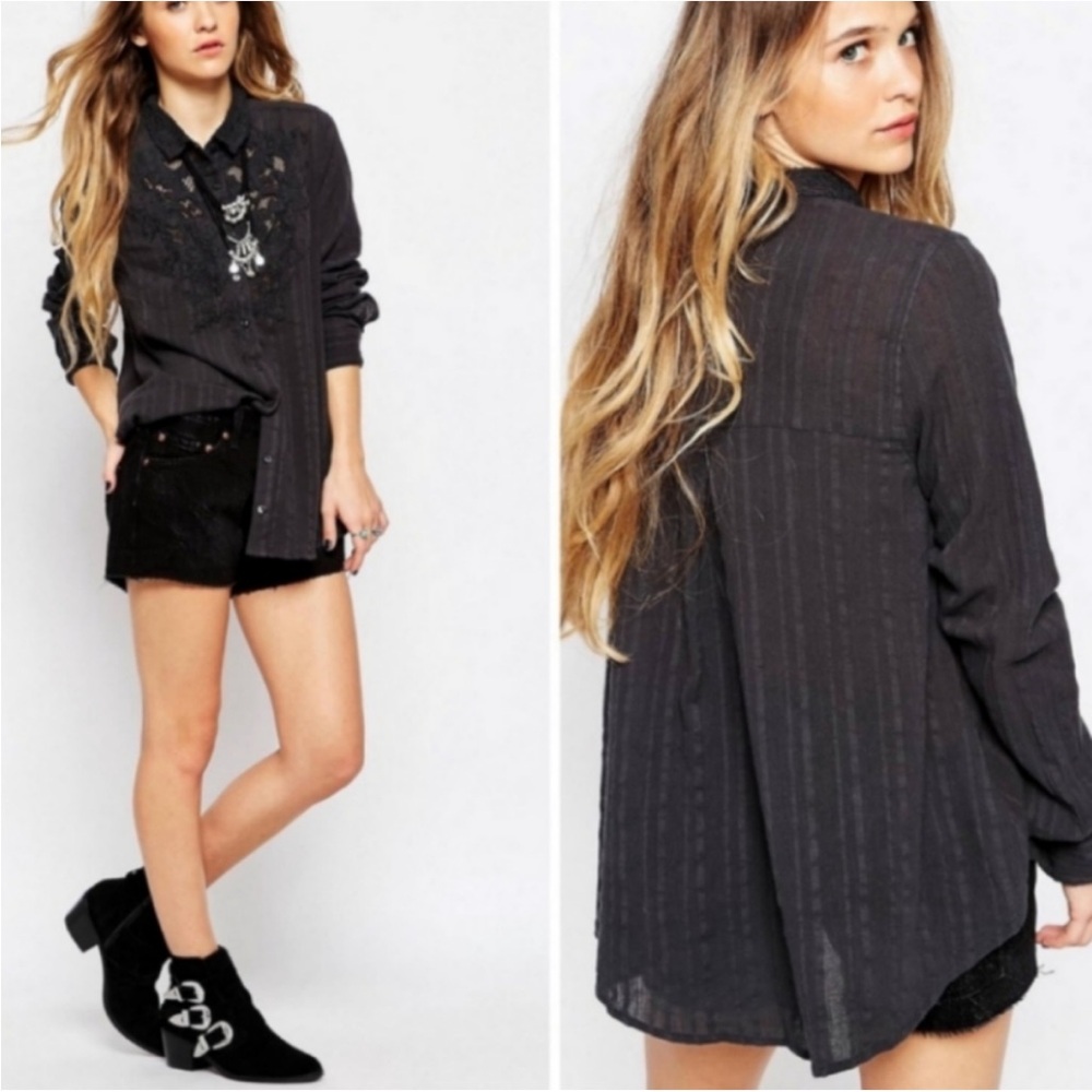 Free People Carter Dobby Dark Gray Embroidered Button Down Shirt, Medium - Picture 6 of 13